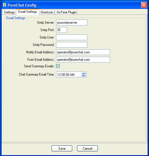 PureChat Email Config Settings